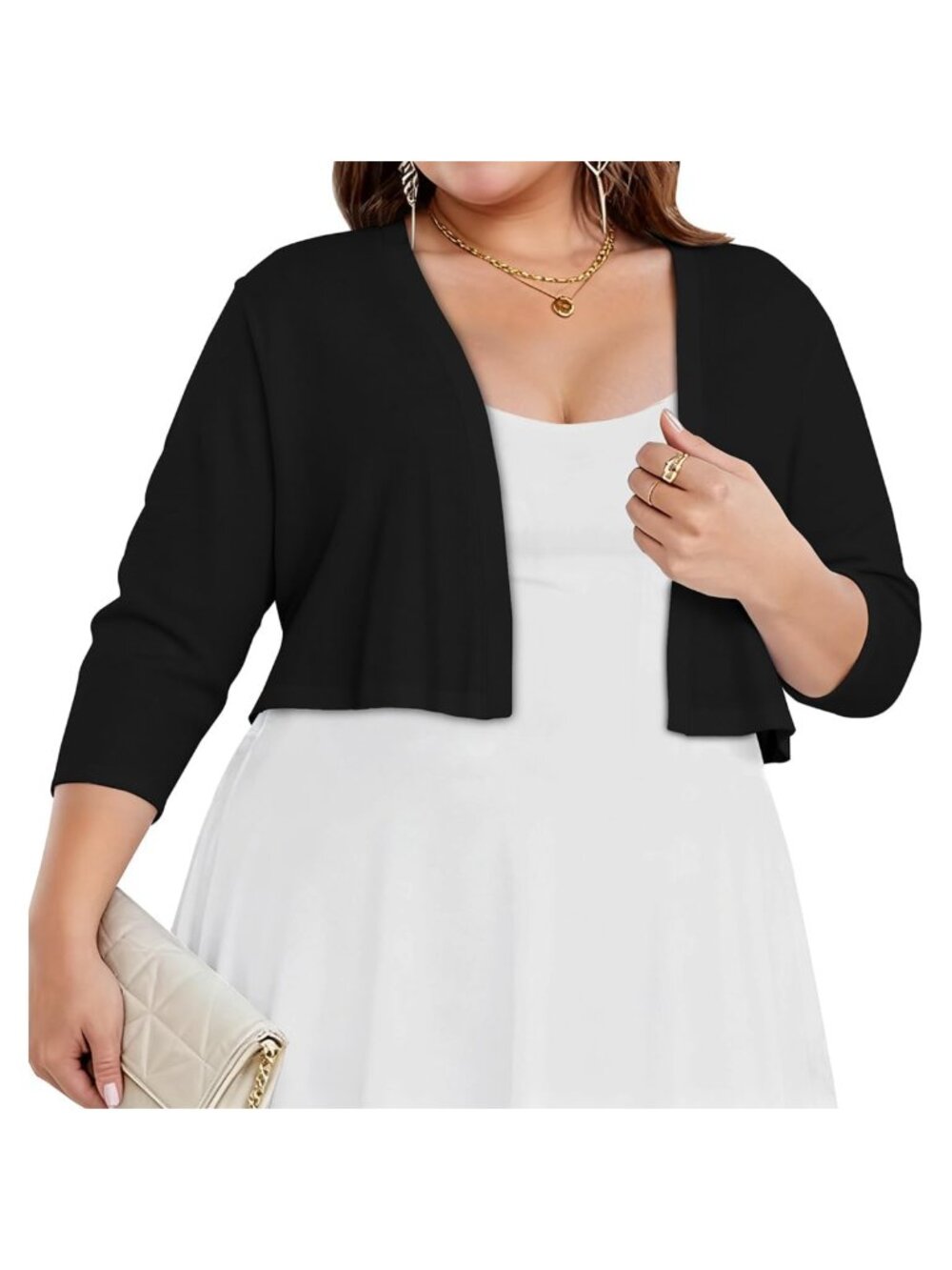 Plus Size 3/4 Sleeve Cropped Shrug Open Front Knit Bolero Cardigan